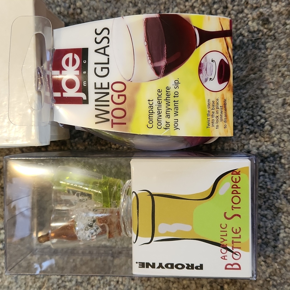 Joie wine glass to go and Prodyne acrylic bottle stopper